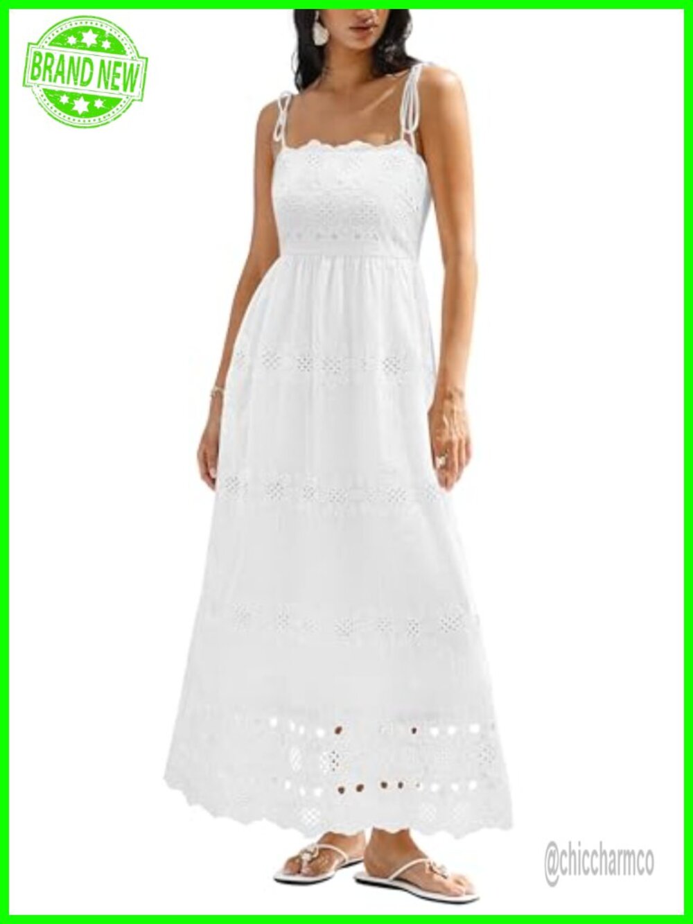 Spaghetti Strap Eyelet Cotton Maxi Dress Smocked Backless Boho
